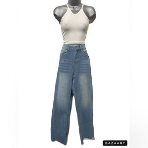 Middle Waist Denim Washed Pocket Jeans